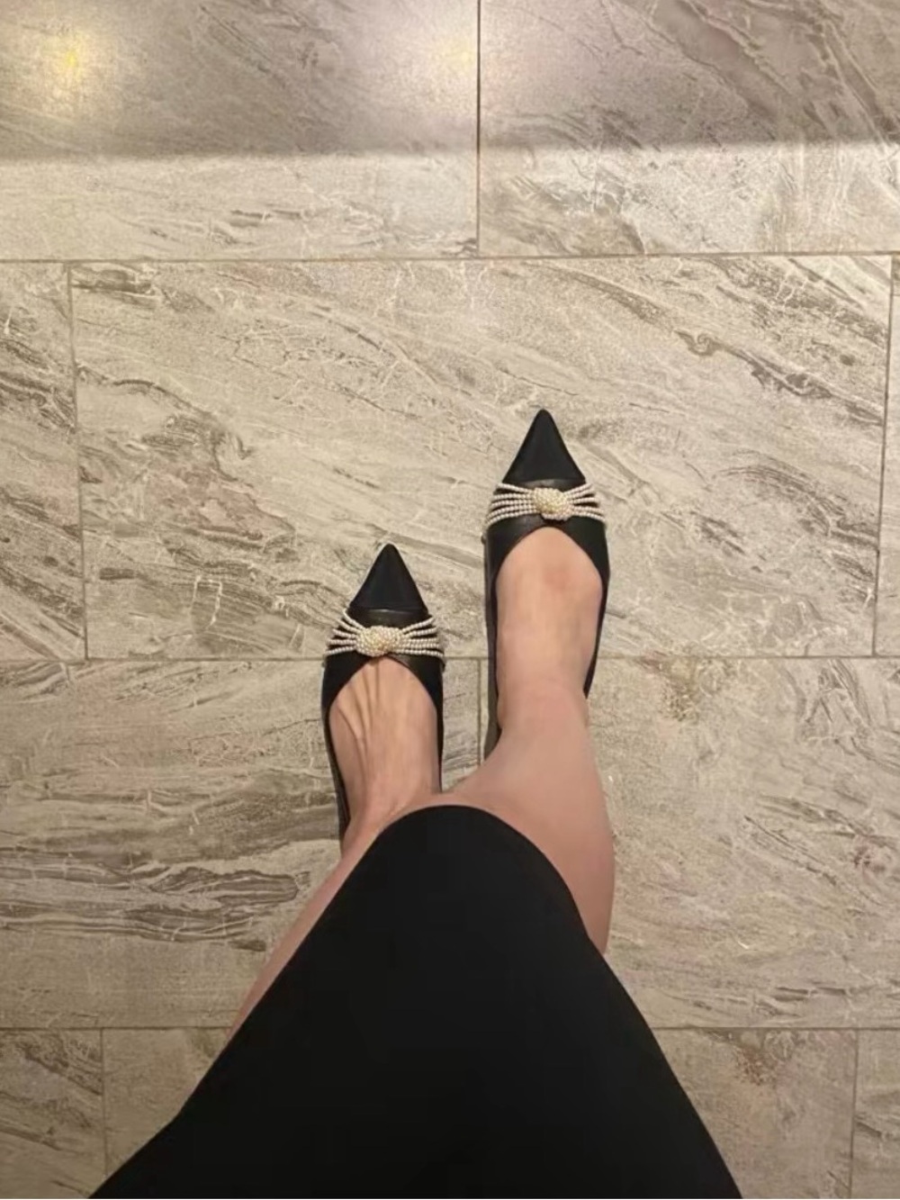 CHANEL Black Satin Pointed Pumps with Pearl Tassel Accent - Picture 6 of 6